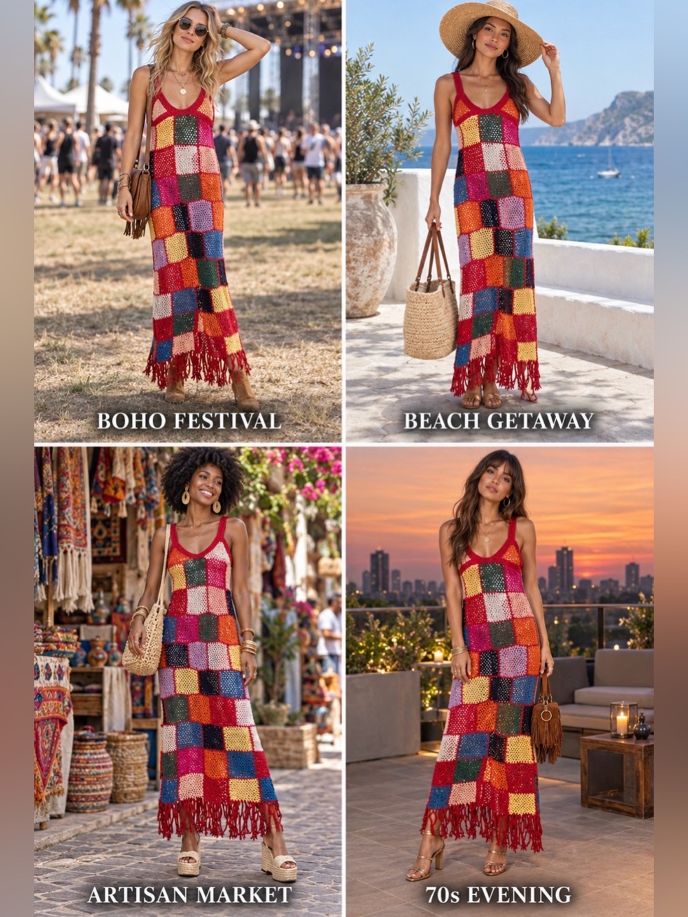Carolina K Vera Patchwork Crochet Fringe‎ Maxi Dress Women L Artisanal Boho 70's